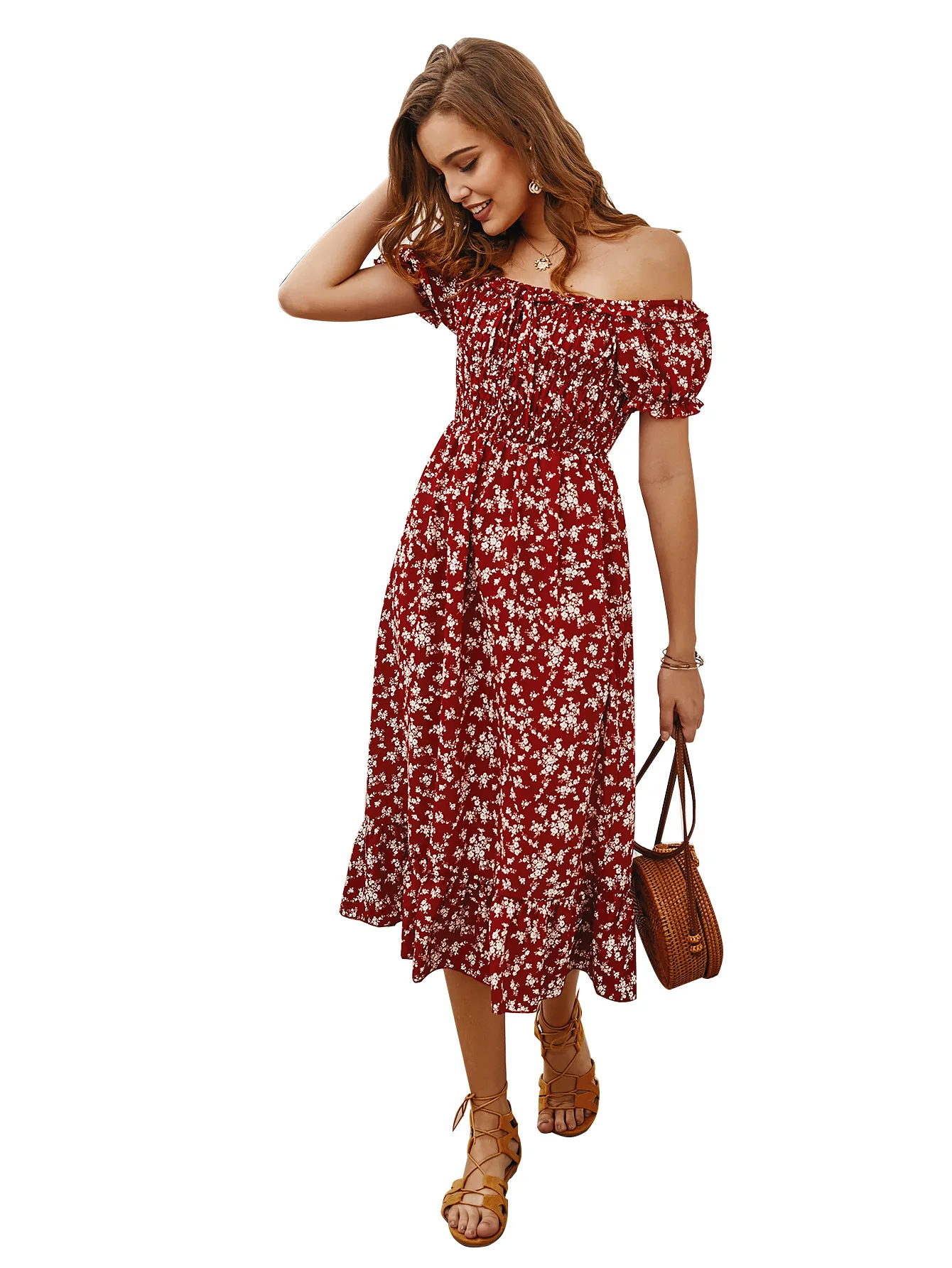 Женское платье миди с открытыми плечами цветочным принтом оборками и высокой