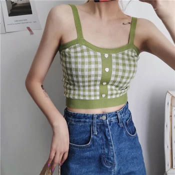 

Women's Sexy Bottoming Crop Top Retro Sweet Plaid Pattern Knit Popular Camisole Cotton Slim Sexy Tops