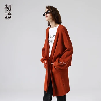 

Toyouth Lazy Style Embroidery Letter Cardigan Sweater Lantern Long Sleeve Cardigans Women V-neck Autumn Outerwear Knitted Coat