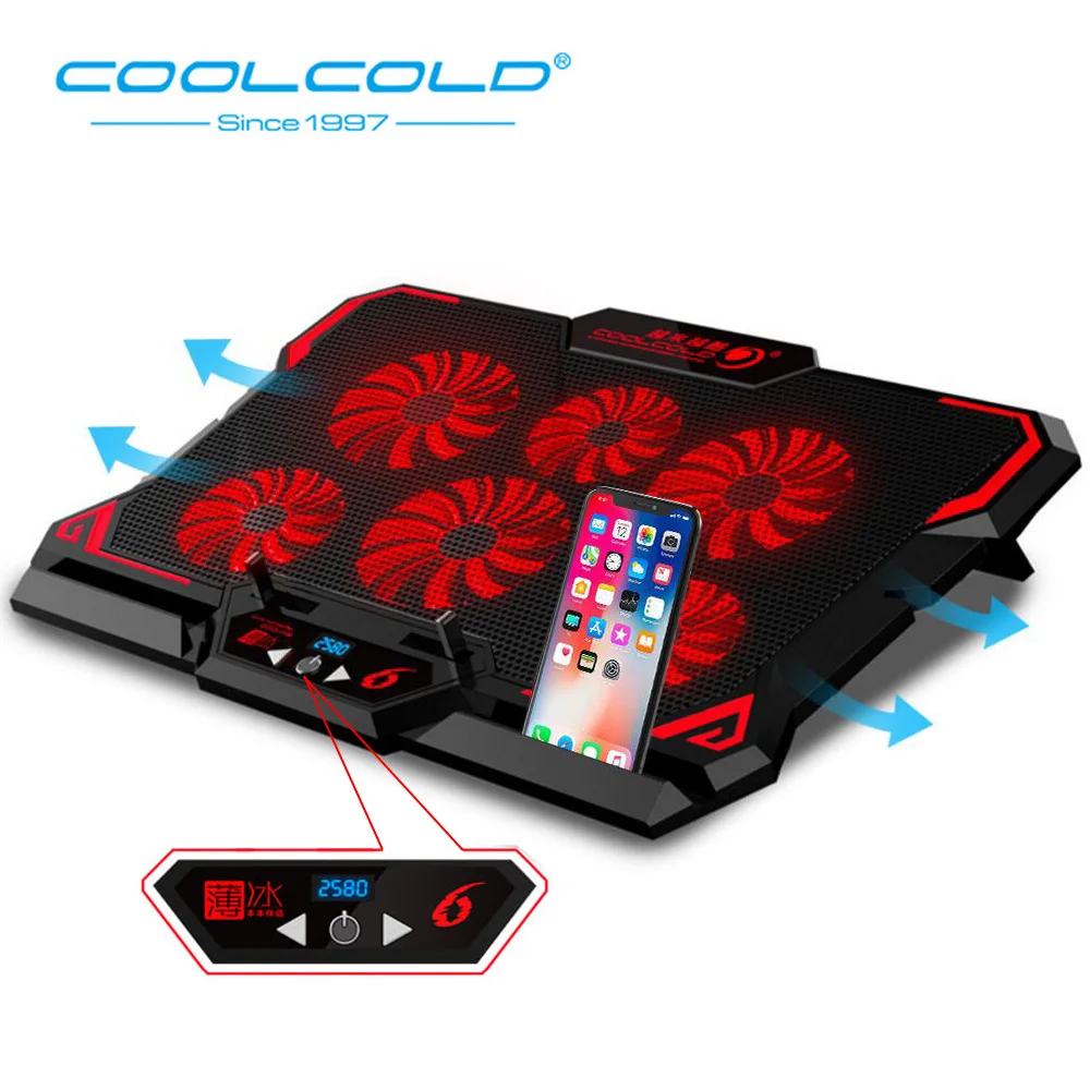 Billig COOLCOLD Gaming Laptop Kühler Notebook Cooling Pad 6 Stille Rot Blau LED Fans Leistungsstarke Luftstrom Tragbare Verstellbare Laptop stehen