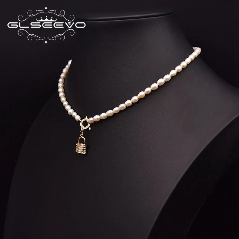 GLSEEVO-순수 천연 담수 진주 여성 지르콘 잠금 핀 펜던트 목걸이, 웨딩 파티 생일 선물 GN0288B
