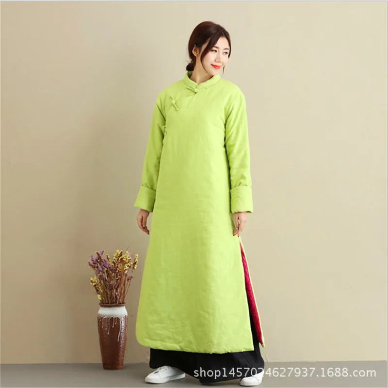 

ASA Woo 19 Autumn And Winter New Products Ma Fan Cotton Linen WOMEN'S Dress Handmade Frog Self-Made Long Cotton Wadded Robe Chin