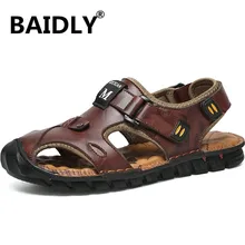 Новые сандалии из натуральной кожи; мужские сандалии из воловьей кожи; Летние качественные пляжные шлепанцы; повседневные кроссовки; мужские шлепанцы для улицы