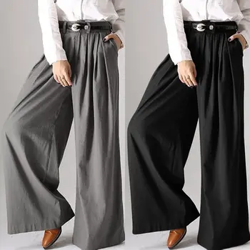

ZANZEA 2020 Fashion Ladies Long Trousers Casual Loose Pockets Bottoms Cotton Solid Streetwear Women Wide Leg Pants Plus Size 5XL