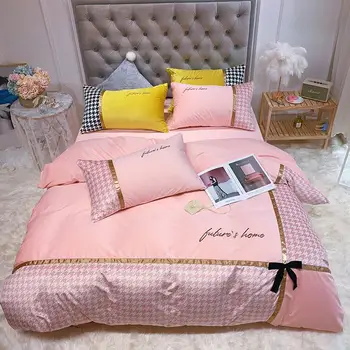 

Dove velvet fabric Bedding Set Pink plaid Bed Set Shining Duvet Cover Set Queen King size Bed Sheet Pillowcases bed linen Bed