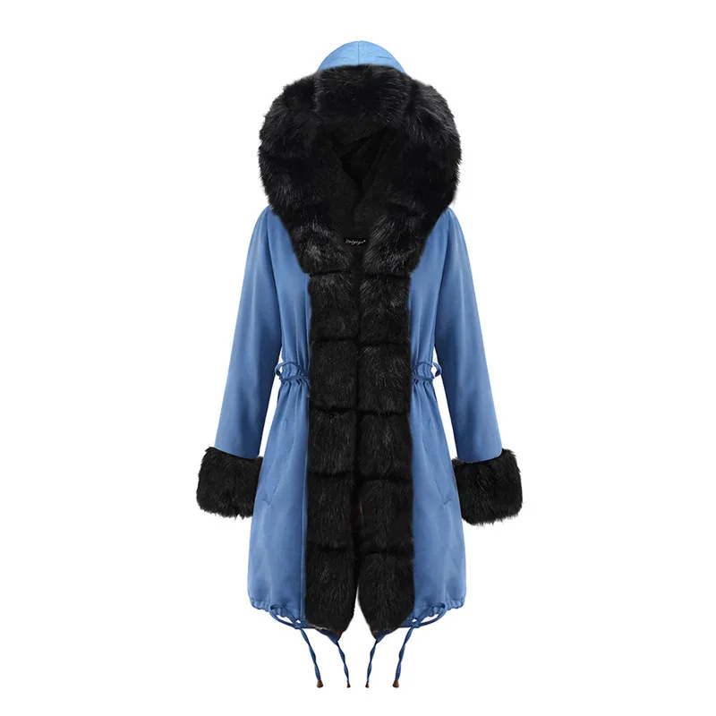 Winter big fur collar parka women Flocking Thicken Cotton Jacket Plus size Hooded Faux fur coat female Plus velvet Outerwear3049 - Цвет: 19D014