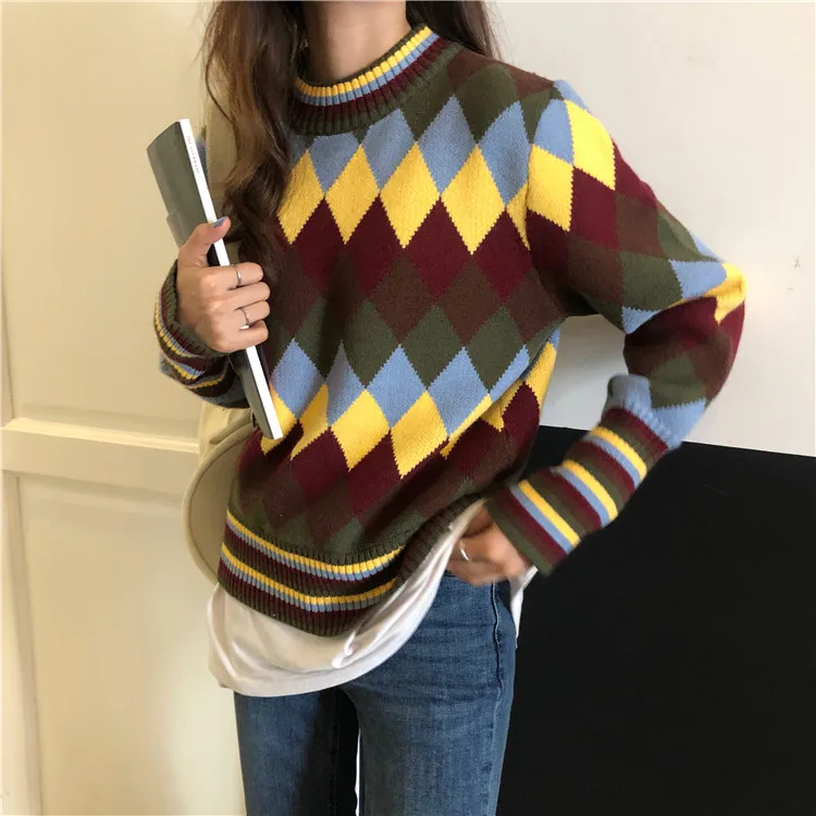 Geometric Sweater Women Thicken Knitted Winter Jumper Turtleneck Korean Harajuku Pullovers Casual Clothes Warm Loose V730