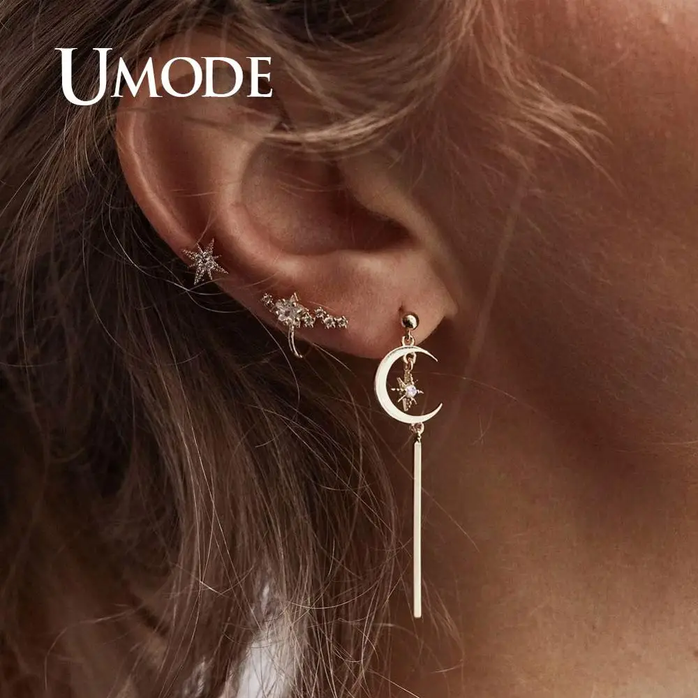 PE1502 UMODE, винтажные серьги в виде Луны и звезды, наборы для женщин, девушек, золотые маленькие обручи, клипсы, серьги, запонки, шпильки, индийская мода, ювелирное изделие - Окраска металла: PE1502