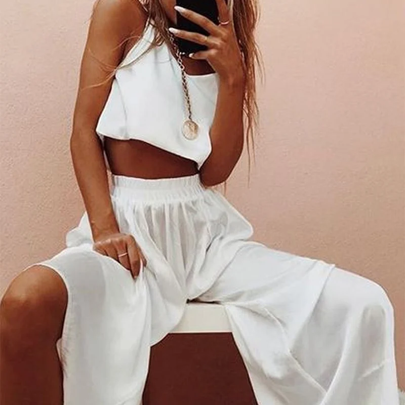 Conjunto de dos piezas para mujer, Top Sexy sin mangas con Espalda descubierta, tirantes elegantes a la moda, traje con pantalones con pernera ancha, atuendo de talla grande