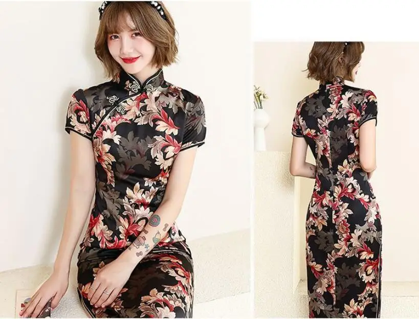 Long Cheongsam Slim Slik Vintage Long Dress Chinese Traditional Costumes Summer Dresses 4XL 8 Colors
