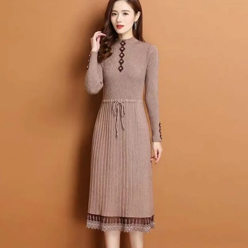 

2023 Lace Patchwork Women Dress Autumn Winter O-Neck Long Sleeve Simple Casual Knitted Dress A-line Elegant Midi Dress Dresses