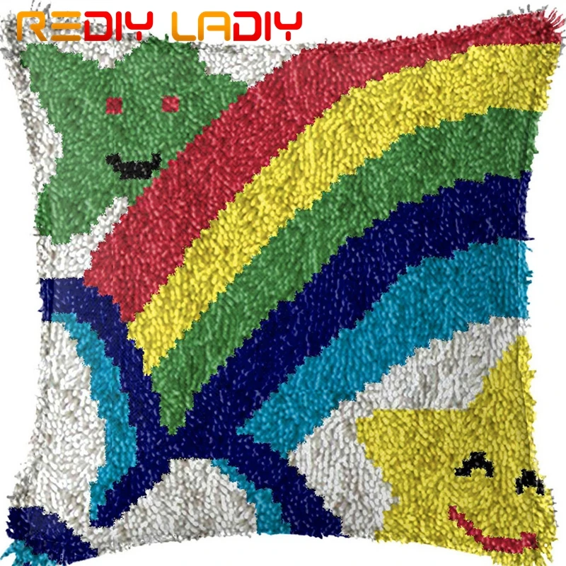

Latch Hook Kits Make Your Own Cushion Rainbow Star Acrylic Yarn Crochet Pillow Case Set Printed Canvas Latch Hook Cushion Cover