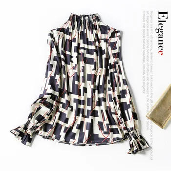 

New elastic half high collar fashion geometric print trumpet sleeve elastic silk satin Shirt Top Female