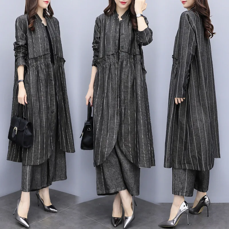 

2019 Autumn Clothing New Style Large Size Dress Loose-Fit Stripes Coat Pants Two-Piece Set Casual Fashion Loose Pants WOMEN'S Su