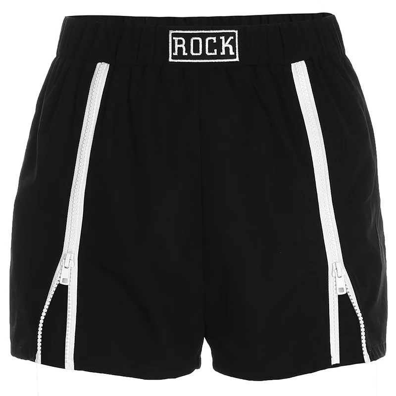 HIGAREDA  Zipper Split Side Harajuku Black High Waist Shorts Women Fashion Casual Punk Embroidery Short Pants Ladies Streetwear