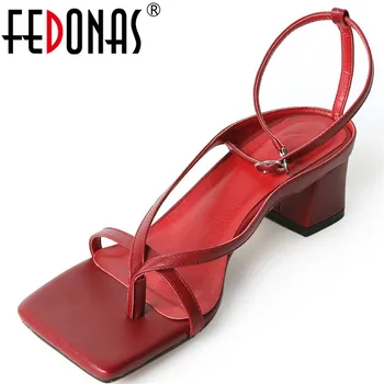 

FEDONAS Retro Lace Up Famale Summer Sandals For Women Genuine Leather Thick Heels Pumps 2020 Buckle Wedding Party Shoes Woman