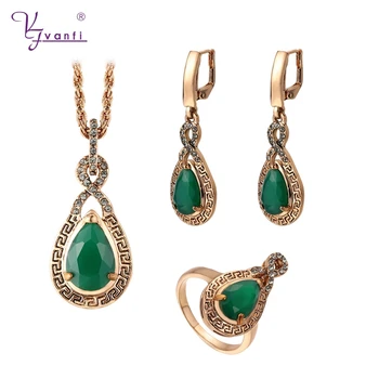 

Kfvanfi Antique Gold Color Green Stone Crystal Grey Rhinestones Jewelry Set Drop Dangle Earrings Ring Set