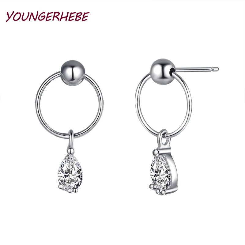 

YOUNGERHEBE 2019 Earrings 925 Sterling Silver Circle Dangle Cubic Zircon Water Drop Fashion Jewelry Statement Earrings For Women
