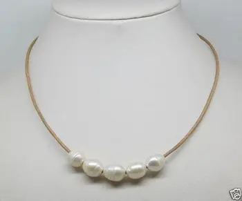 

Natural 10-11mm Big White Cultural Pearl Necklace Leather Chain Growing String