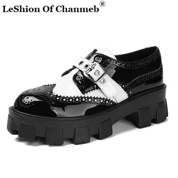 

Mix-color Pumps Women Patent Leather Spring Autumn Round Toe Casual Basic Brogue Shoes Woman Metal Buckle Platforms Pumps Ladies