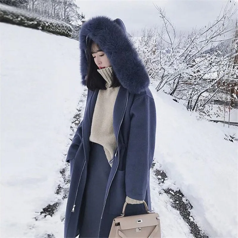 ##BUY New Fashion Hooded Fur Collar Long Woolen Coat For Women Autumn Winter Jackets and Coats Plus Size 5XL Loose Slim Overcoat f2190