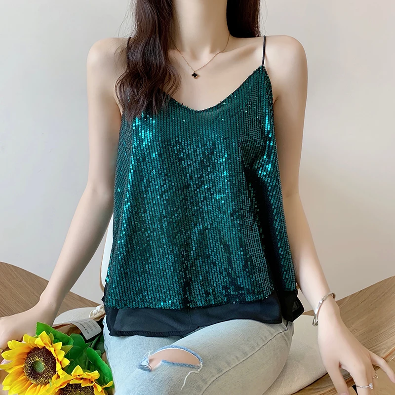 spanx camisole Sexy Glitter Sequined V-neck Camisole Women's Short Loose-Fit Top 2021 Summer Women's Crop Top nylon camisole