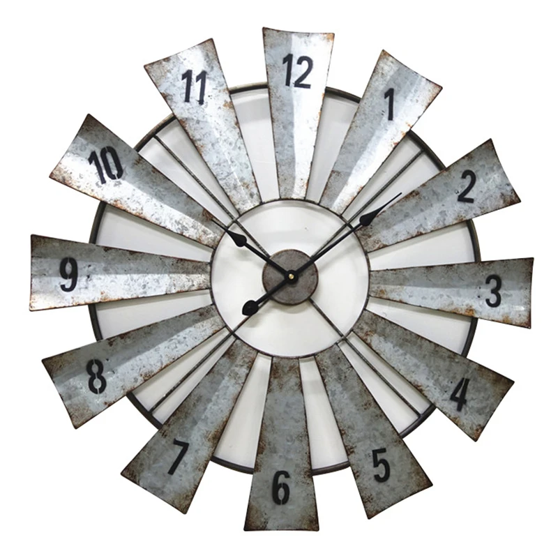 

24 Inch Non Ticking Country Style Retro Distressed Silver Large Metal Windmill Galvanized Wall Clock