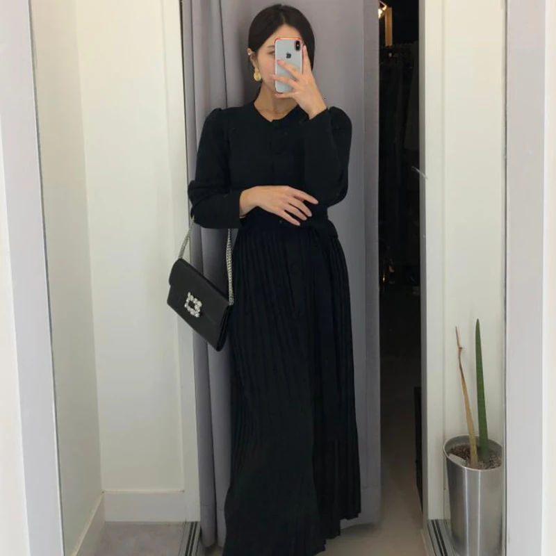 TVVOVVIN New Fashion Autumn Winter Round Collar Knit Dress Women Belt Pleated Slim Casual Solid Vestidos Female Tide B725