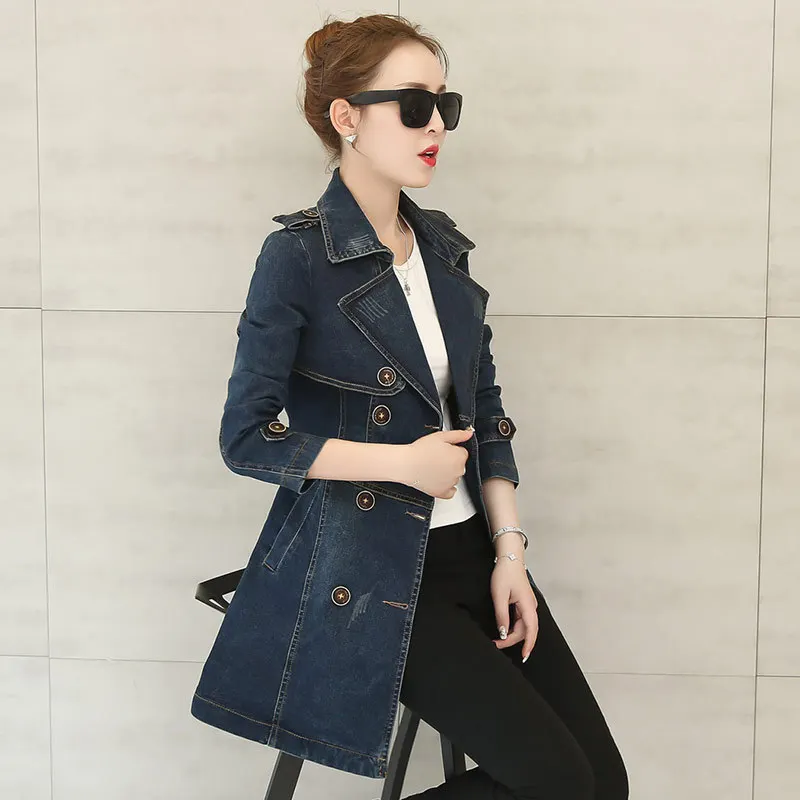 

2018 Spring New Style Slim Fit Denim Windbreaker Coat Women's Mid-length Waist Hugging Long Sleeve Cowboy Clothing