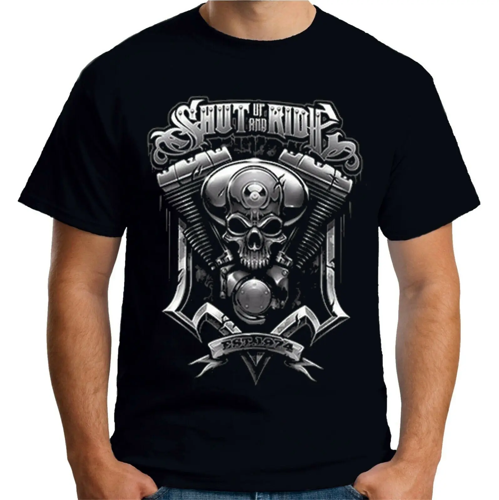 Мужская футболка Velocitee Shut Up Ride V с двойным двигателем и черепом Байкер Harley A20309