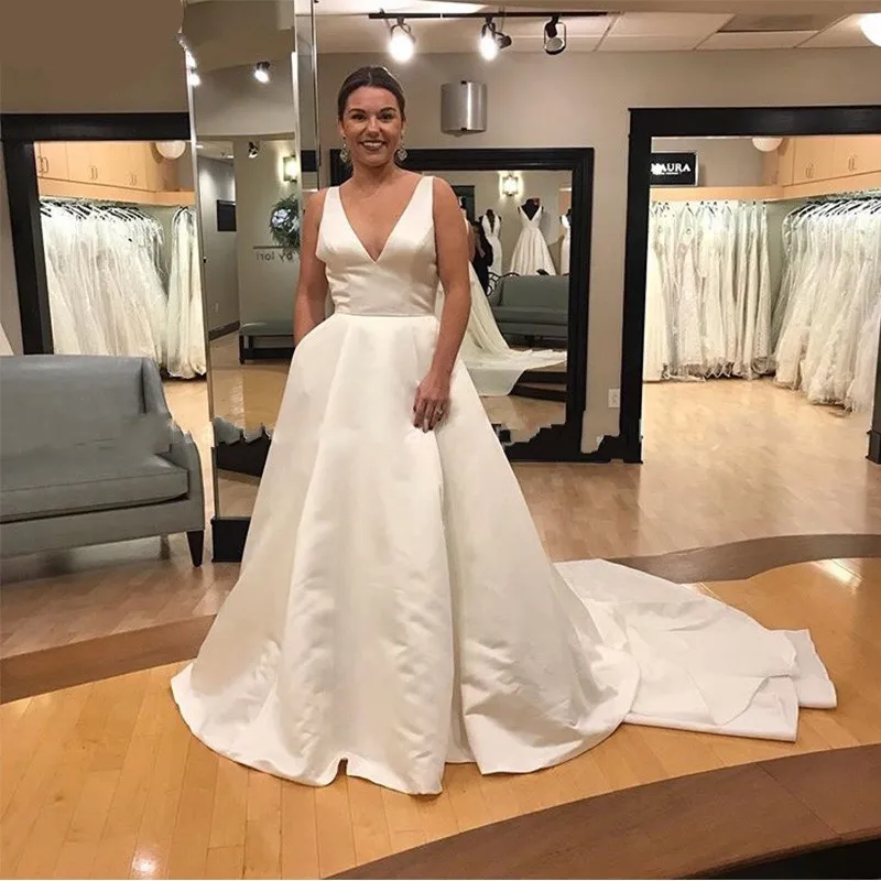 E-JUE-SHUNG-Latest-Satin-Wedding-Dresses-Deep-V-Neck-Open-Back-With-Pockets-Big-Bow
