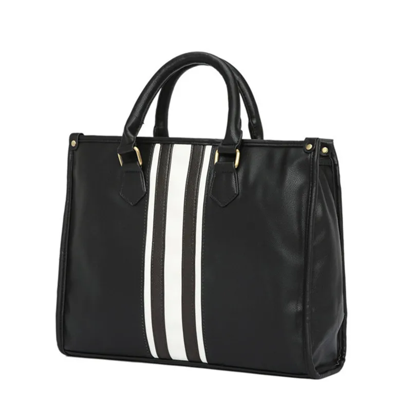 

Men's Business office Laptop Briefcase Vintage PU Leather Tote women Striped Handbag large Vintage Shoulder Bag Black Travel bag