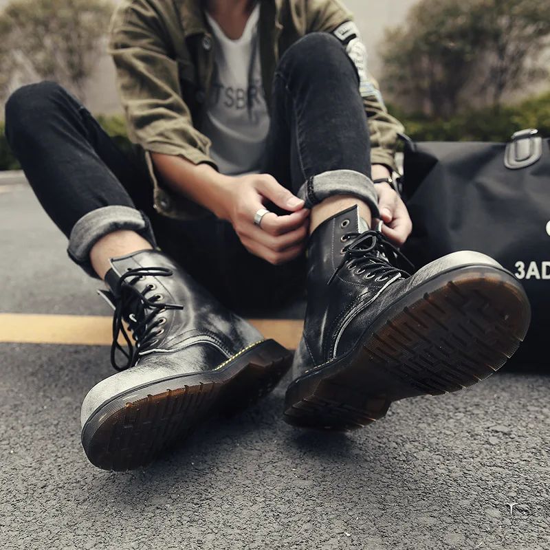 

Europe And America Cool Martin Boots Men's Winter plus Velvet High Shoes Genuine Leather Large Size Combat Boots 45 Ankle Boots