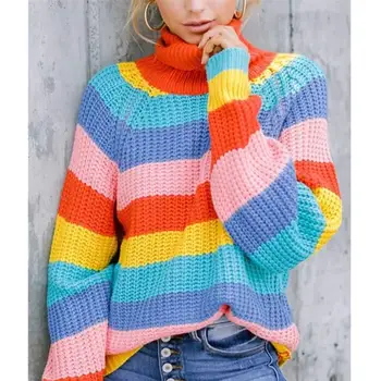

Retro Rainbow Stripe Turtleneck Sweater Autumn Winter Women Warm Knit Jumpers Loose Oversized Colorful Sweaters