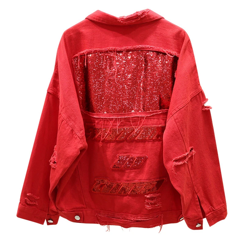 

PERHAPS U red white black denim jacket button Hole pocket long sleeves loose sequined patchwork turn down collar C0181