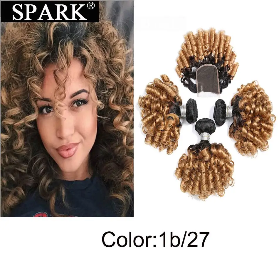 Spark Bundles With Closure Brazilian Ombre Bouncy Curly 100% Human Remy Hair 3 Closures 1B/27 &amp30 For Black Women | Шиньоны и парики