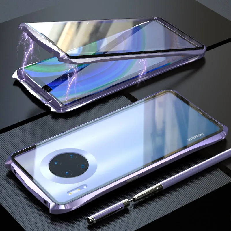 Luphie Магнитный адсорбционный чехол для huawei mate 30 Pro Роскошный металлический бампер Анти-взрыв закаленное стекло полный защитный чехол - Цвет: Purple