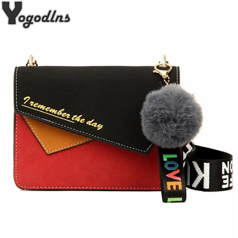 

Mini Chic Patchwork Color Flap Bags Wide Strap Shoulder Crossbody Bags Clutch for Women Purse with Cute Hairy Ball Ins popular