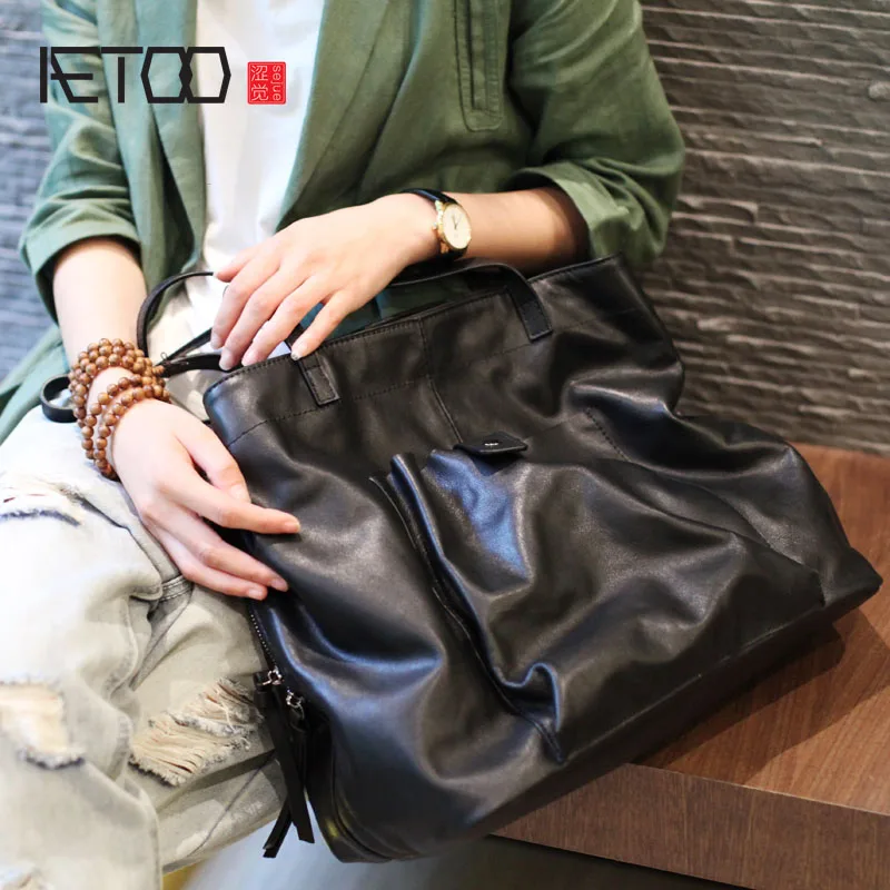 

BJYL New Korean black top layer soft cowhide multi-layer women's bag large-capacity shoulder bag tide leather tote bag