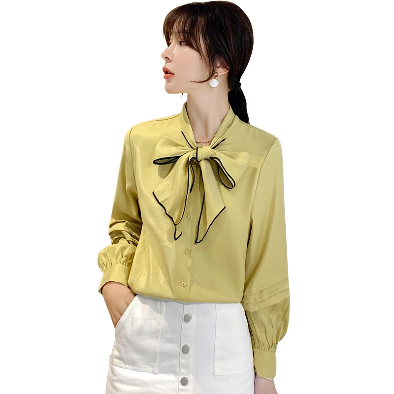 2019 Autumn Women Shirts Bow Full Sleeve Loose + Small Sweet Wind Design Niche Blouse Shirt Yellow 1123