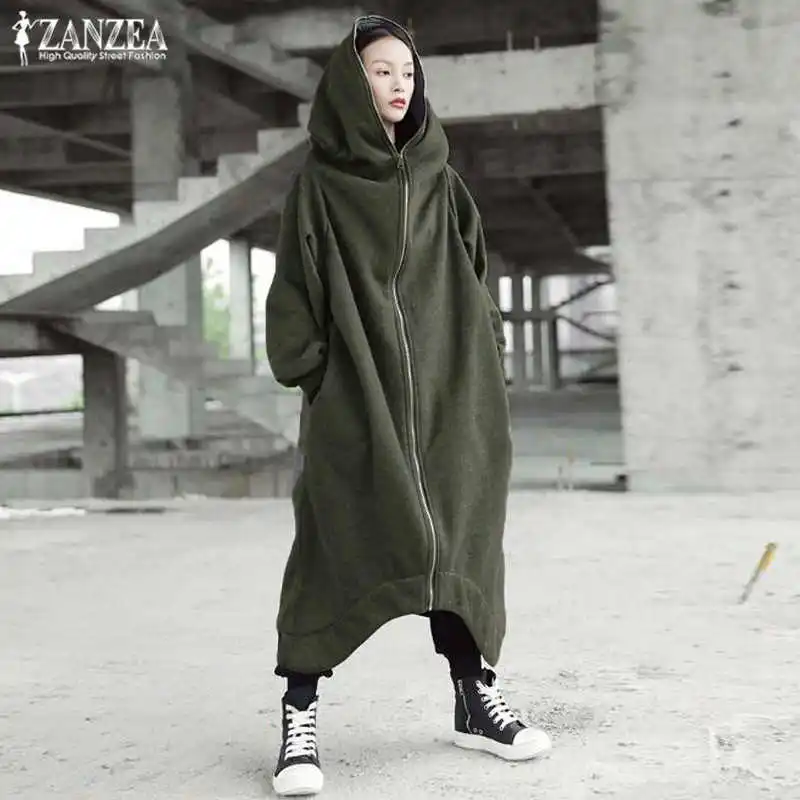 Женские пальто с капюшоном куртки ZANZEA размера плюс женские длинные куртки на молнии с длинным рукавом женская зимняя верхняя одежда тонкие ветровки - Цвет: Армейский зеленый