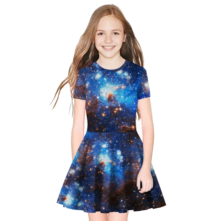 Модное детское платье с объемным принтом Галактики для девочек от 10 до 12 лет, детское платье трапециевидной формы с высокой талией и короткими рукавами одежда для девочек