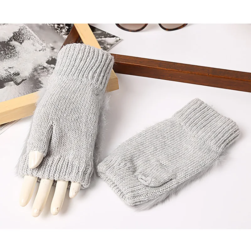 Женские перчатки с натуральным кроличьим мехом без пальцев, женские ...