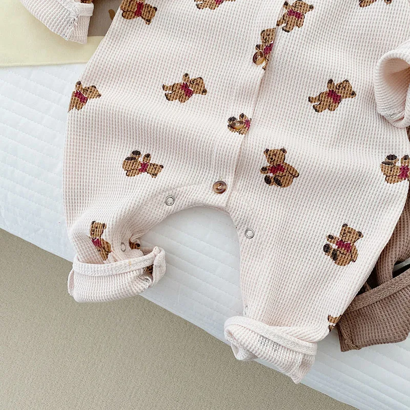 Autumn Baby Boy Bear Jumpsuits Waffle Rompers