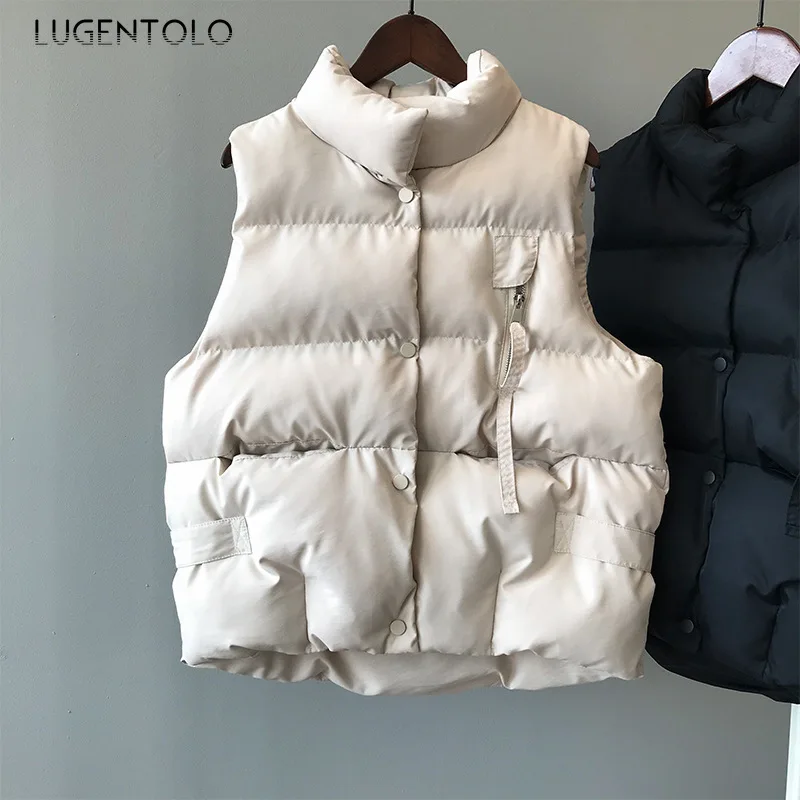 Lugentolo, женский жилет, зимнее пальто, стоячий воротник, корейский стиль, уплотненный, без рукавов, теплый, свободный, Повседневный, на пуговицах, простой, модный, однотонный, жилеты