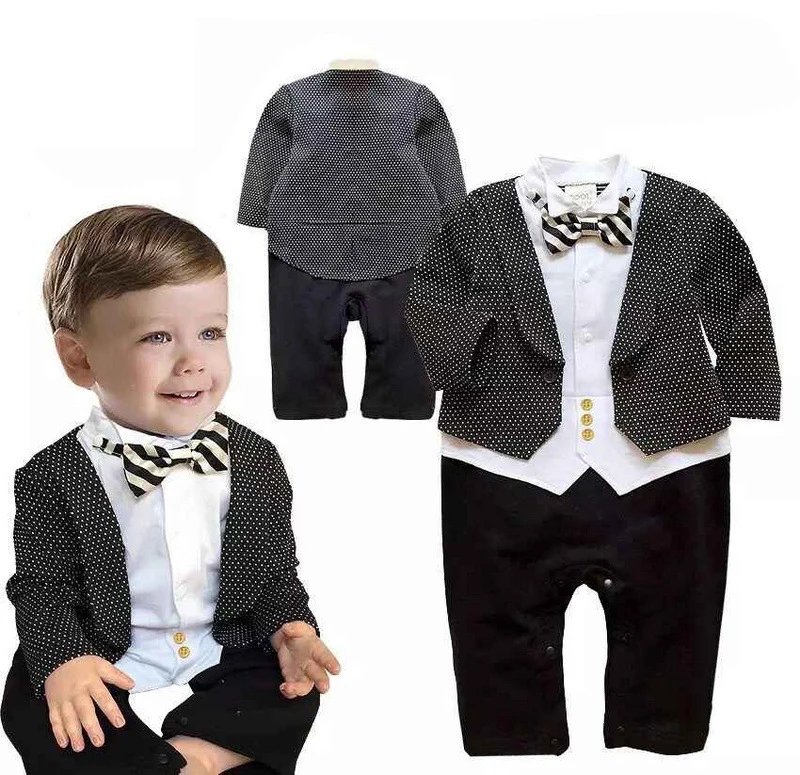New Baby Boys Rompers Long Sleeve Turn-down Collar Bow Tie Gentleman Costumes Spring Autumn Cotton Infant Jumpsuits