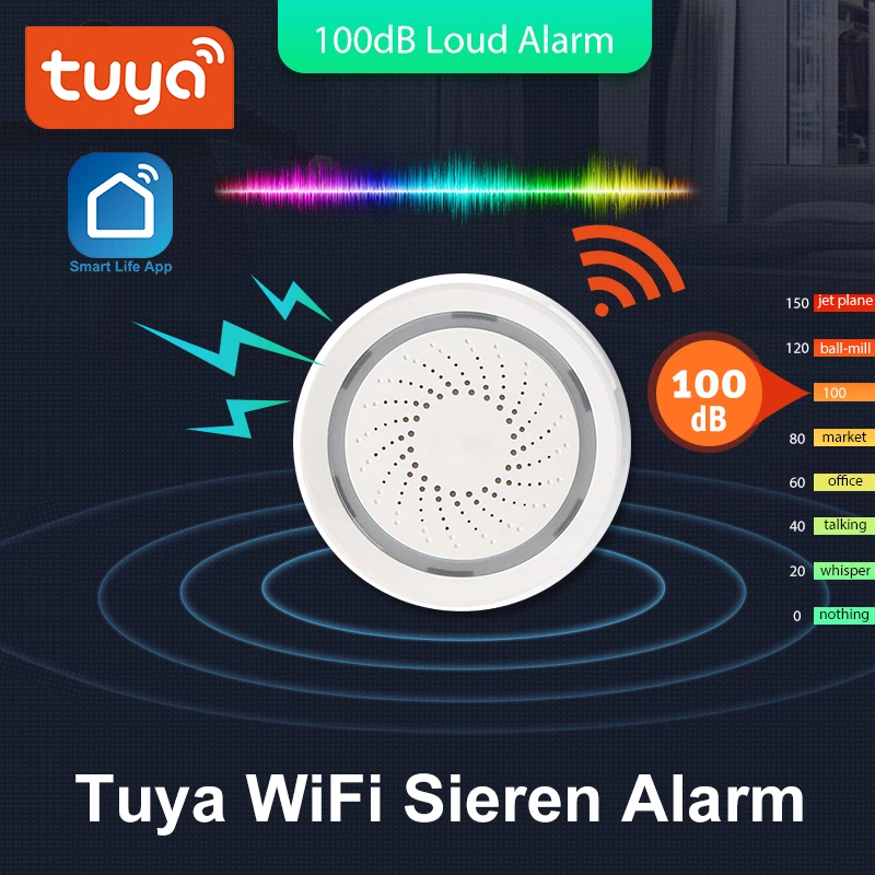 Tuya-sensor de Sirene de Alarme Impermeável ao ar Livre Sensor de Som sem Fio Smart Life Home Security Systems Alexa Google Ifttt 130db 22 sensor e detector