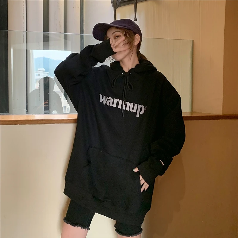 Новая женская хлопковая толстовка с капюшоном и буквенным принтом Harajuku, бархатная Толстая теплая осенне-зимняя Повседневная Толстовка для девочек, утепленное пальто