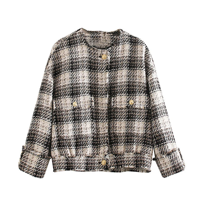 

Autumn Elegant Plaid Coat Women O Neck Single Breasted Tweed Jacket Tassel Pockets Fashion Tops Long Sleeve Coats Lady Outerwear