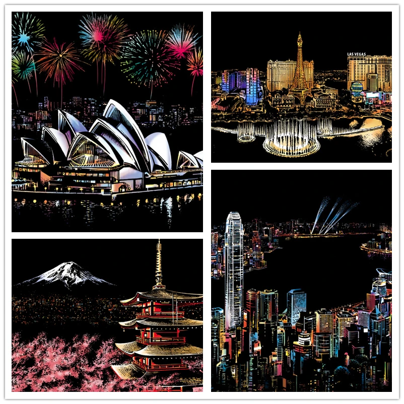 

40.5x28.5 CM DIY Manual Scraping Painting Creative Colorful Famous City Night View Handmade Scratch Drawing Toys For Children